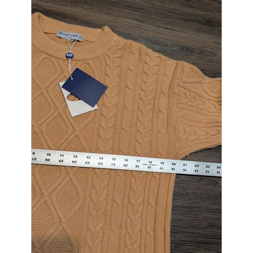 Aelfric Eden Tan Cable Knit Sweater Mens Large Diamond Pattern Crew Neck NWT